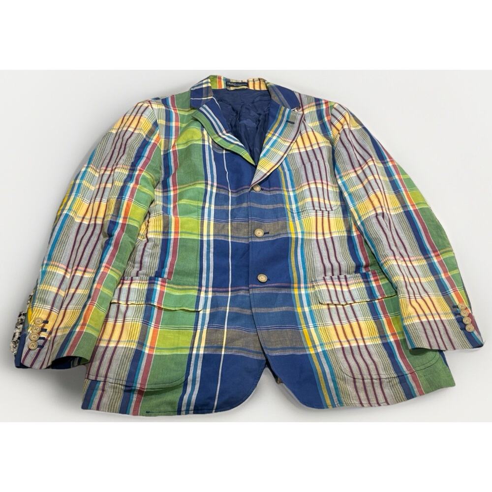 Vtg Polo Ralph Lauren Plaid Blazer Palm Springs Print Linen Surgeon Cuffs Sz XL